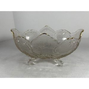 Vintage Jeannette Lombardi Clear Etched Glass Footed Gold Trim Scalloped Edges